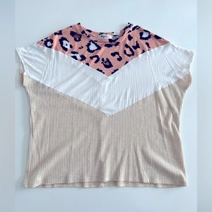 Patch panel Top with cheetah print and waffle stitch